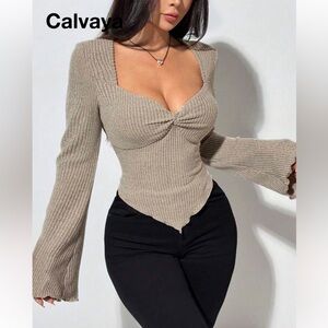 SHEIN Tan Ribbed Bell Sleeve Blouse